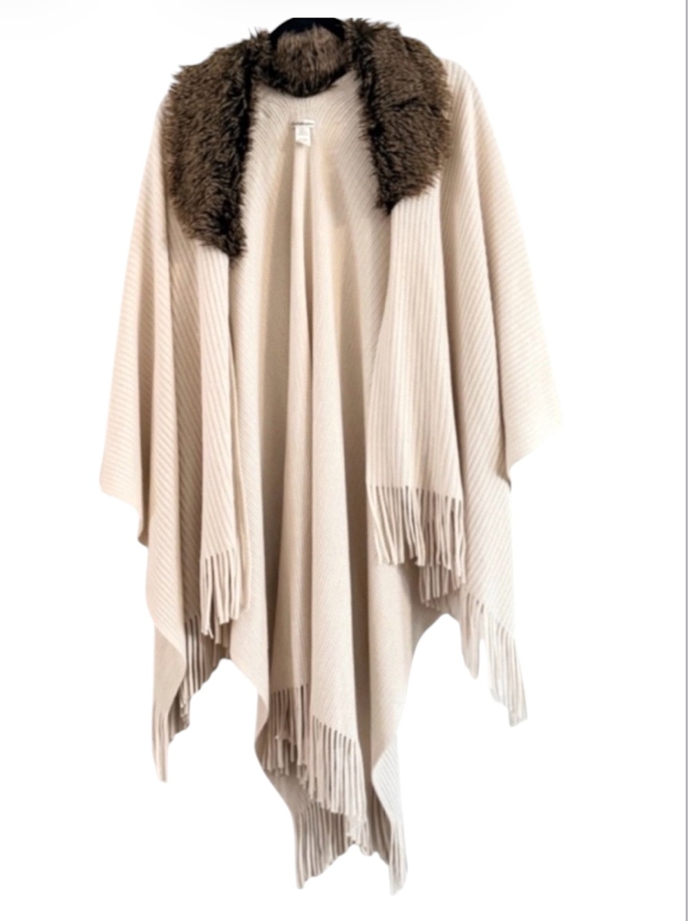 Croft Barrow Ivory Cream Ribbed Faux Fur Poncho Cape Fringe Wrap OS
